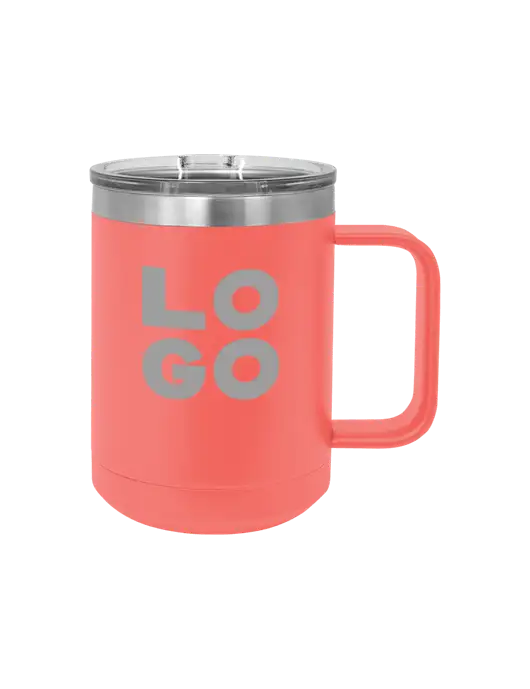 Polar Camel 15 oz Powder Coated Coral Vacuum Insulated Mug with Slider Lid w/Logo