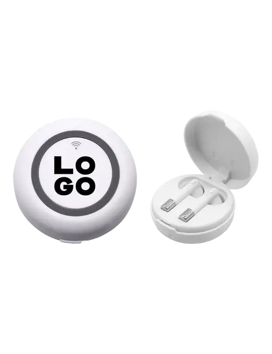 Harmony White Wireless Earbuds and Charging Pad w/Logo