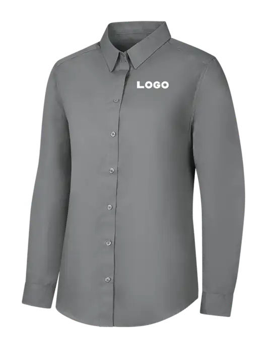 Womens Medium Grey Long Sleeve Carefree Poplin Shirt w/Logo