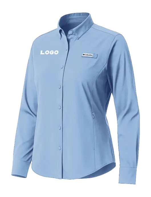 Columbia Light Blue Womens PFG Tamiami II Long Sleeve Shirt w/Logo