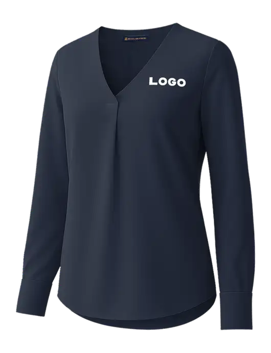 Brooks Brothers Womens Dark Navy Open-Neck Satin Blouse  w/Logo