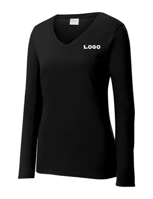 Womens V-Neck Ring Spun Jet Black 4.5 oz Long Sleeve T-Shirt w/Logo