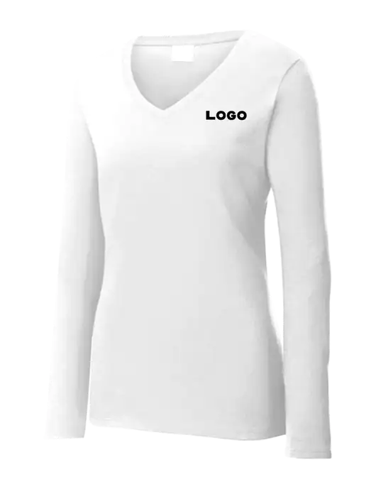 Womens  V-Neck Ring Spun White 4.5 oz Long Sleeve T-Shirt w/Logo