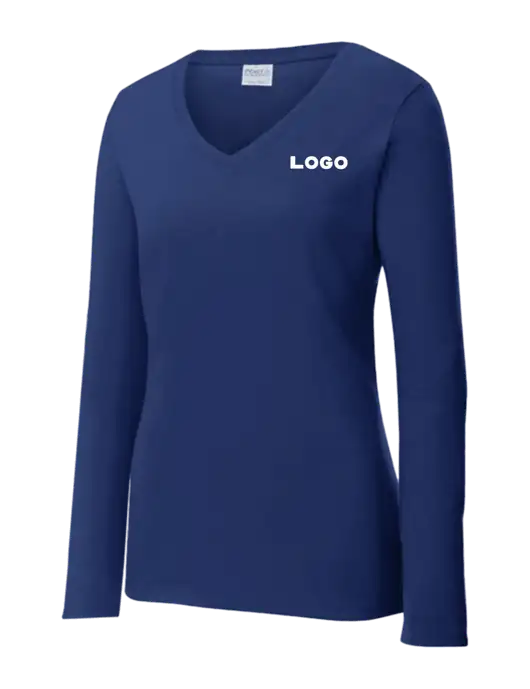 Womens  V-Neck Ring Spun Navy 4.5 oz Long Sleeve T-Shirt w/Logo