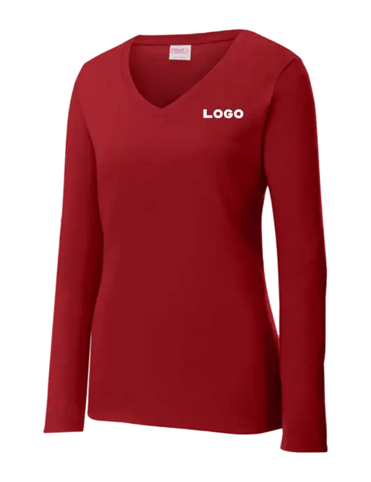 Womens V-Neck Ring Spun Cardinal 4.5 oz Long Sleeve T-Shirt w/Logo