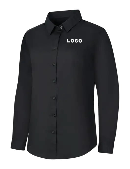 Womens Black Long Sleeve Carefree Poplin Shirt w/Logo