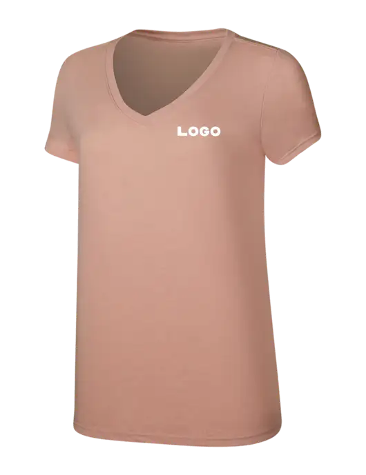 Womens Simply Soft V-Neck Heather Dusty Peach 4.5oz  Poly/Combed Ring Spun Cotton T-Shirt w/Logo