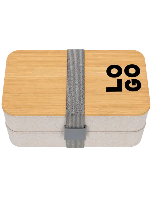 Double Decker Natural Ivory Lunch Box w/Eco-Friendly FSC Bamboo Lid & Reusable Utensils w/Logo