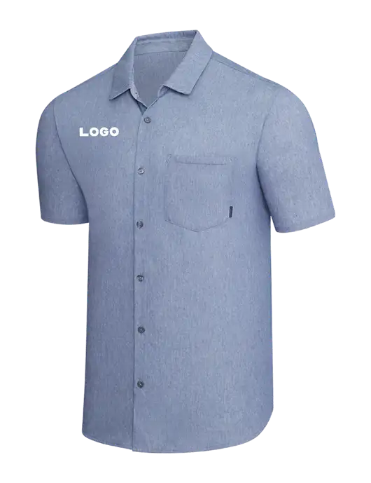OGIO Slate Blue Heather Extend Short Sleeve Button Up Shirt w/Logo
