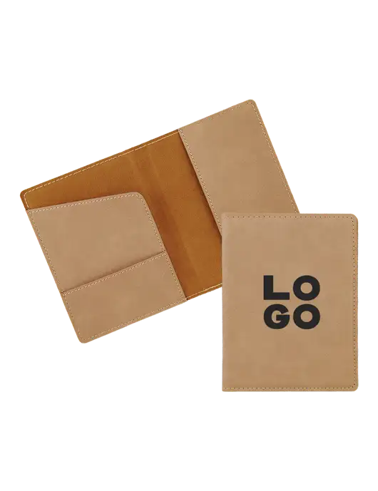 Tan Leatherette Passport Holder w/Logo