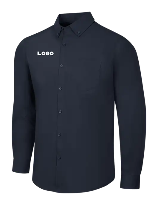 Navy Long Sleeve Carefree Poplin Shirt w/Logo