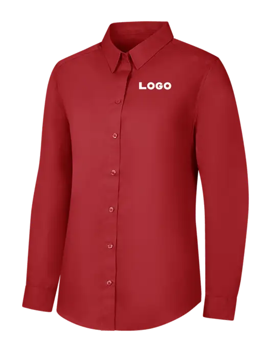 Womens Rich Red  Long Sleeve Carefree Poplin Shirt w/Logo