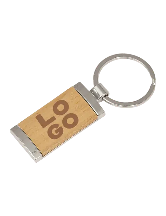 Wood & Silver Rectangle Keychain w/Logo
