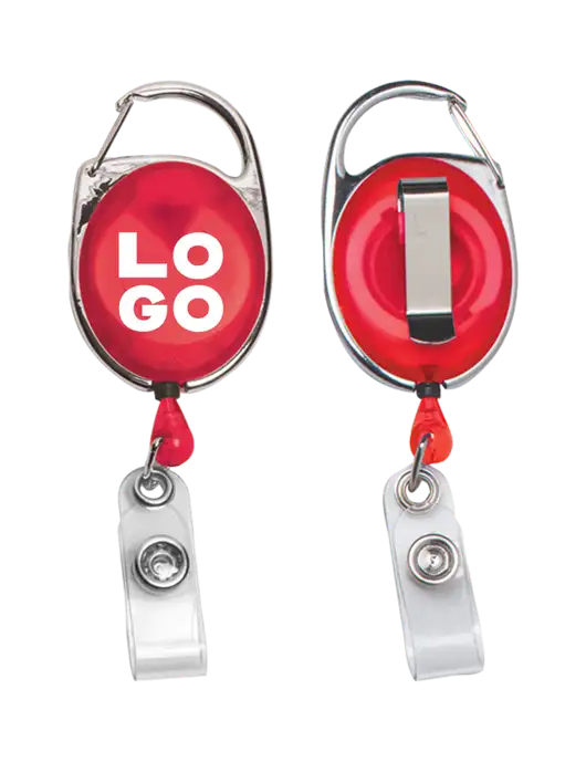 Red Carabiner Style Badge Reel and Badge Holder w/Logo