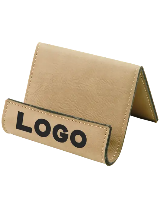 Tan Leatherette Card & Phone Holder w/Logo