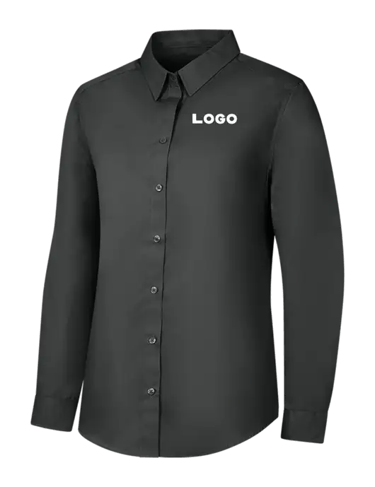 Womens Dark Grey Long Sleeve Carefree Poplin Shirt w/Logo