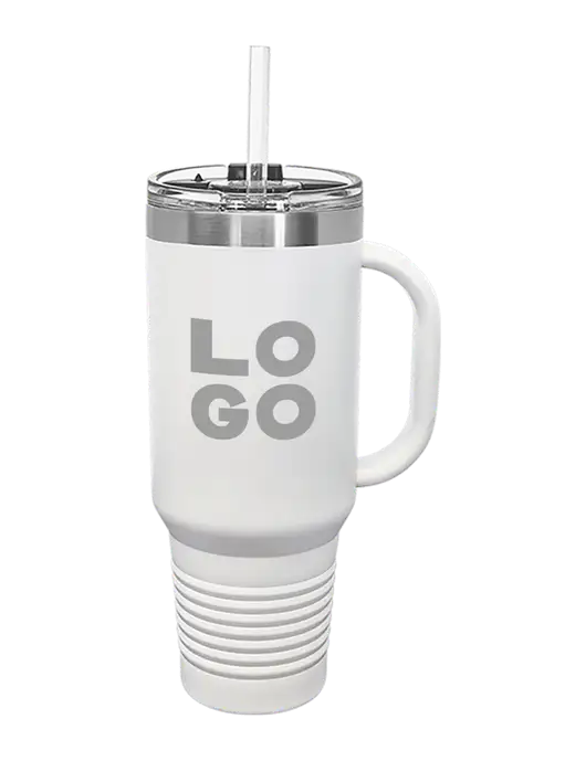 Polar Camel 40 oz. Powder Coated Vacuum Insulated White Travel Mug with Straw w/Logo