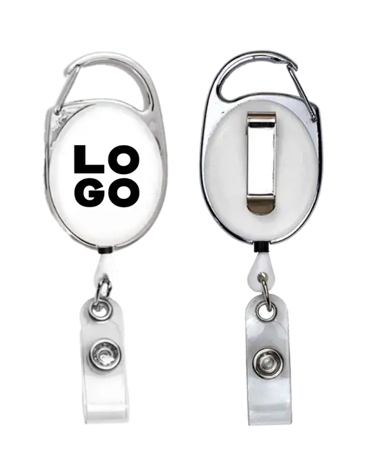 White Carabiner Style Badge Reel and Badge Holder w/Logo