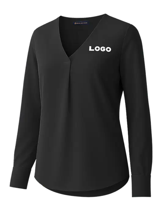 Brooks Brothers Womens Black Open-Neck Satin Blouse  w/Logo