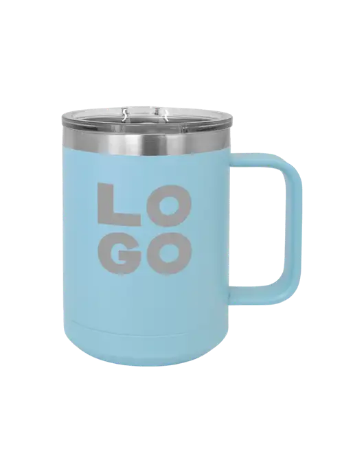 Polar Camel 15 oz Powder Coated Light Blue Vacuum Insulated Mug with Slider Lid w/Logo