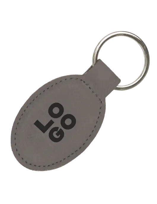 Grey Leatherette Oval Keychain w/Logo