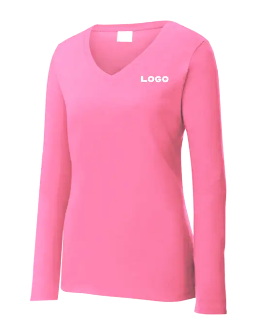 Womens  V-Neck Ring Spun Pink 4.5 oz Long Sleeve T-Shirt w/Logo