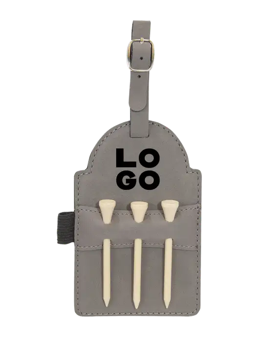 Grey Leatherette Golf Bag Tag with 3 Wooden Tees w/Logo