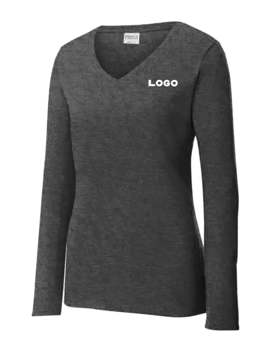 Womens  V-Neck Ring Spun Dark Heather Grey 4.5 oz Long Sleeve T-Shirt w/Logo