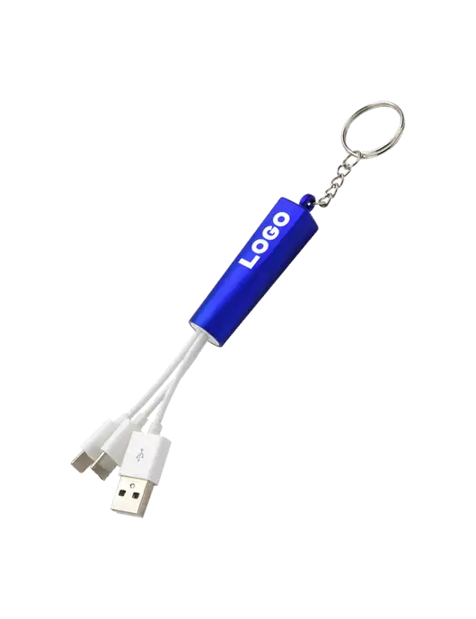 Blue Light-Up Charging Cable with Key Ring w/Logo