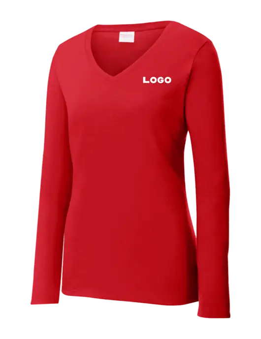 Womens  V-Neck Ring Spun Bright Red 4.5 oz Long Sleeve T-Shirt w/Logo