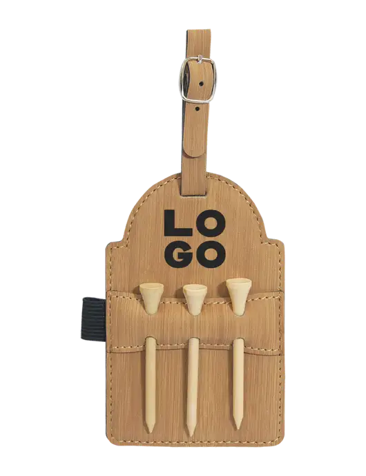 Bamboo Leatherette Golf Bag Tag with 3 Wooden Tees w/Logo
