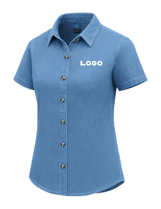 Womens Short Sleeve Light Blue Denim Shirt w/Logo