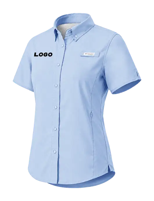 Columbia Light Blue Womens PFG Tamiami II Short Sleeve Shirt w/Logo
