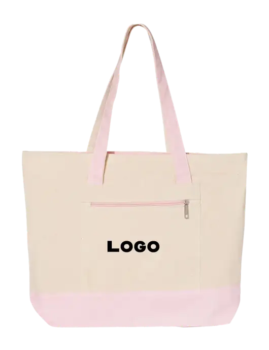 Natural/Light Pink Zippered Tote  w/Logo