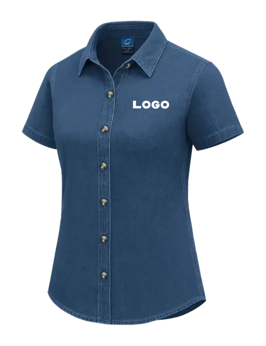 Womens Short Sleeve Light Navy Denim Shirt w/Logo