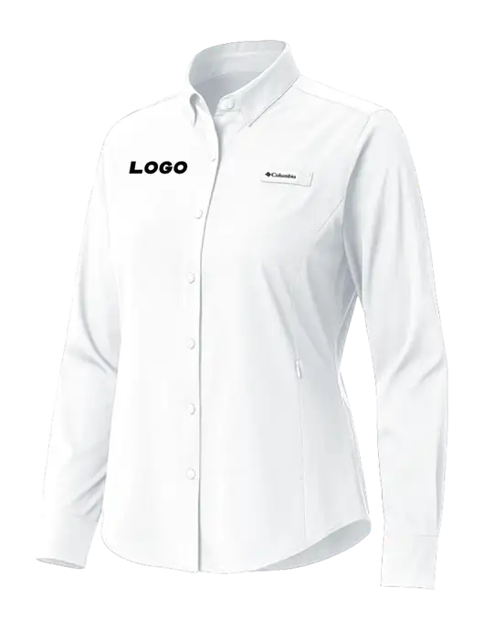 Columbia White Womens PFG Tamiami II Long Sleeve Shirt w/Logo