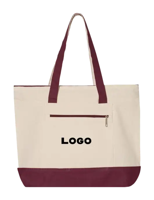 Natural/Maroon Zippered Tote  w/Logo