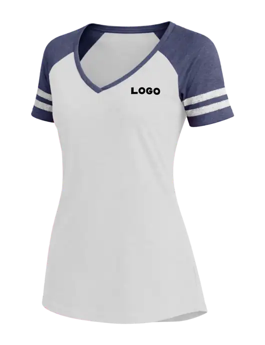 Womens White/Navy Heather V-Neck Game Tee w/Logo