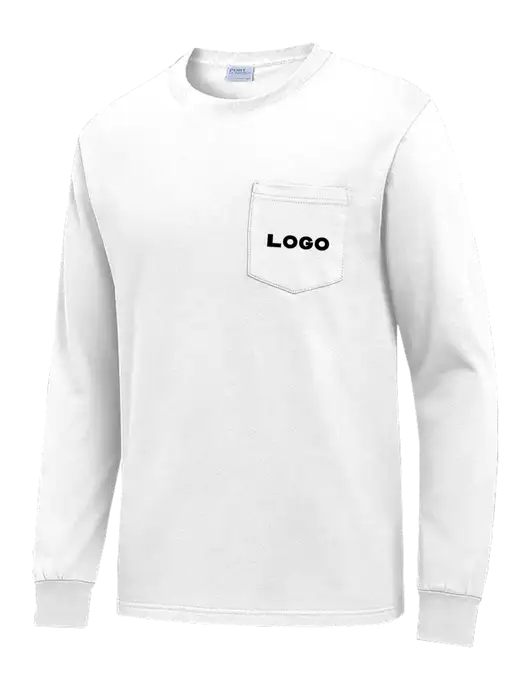 White Long Sleeve Heavyweight 6.1 oz Pocket T-Shirt w/Logo