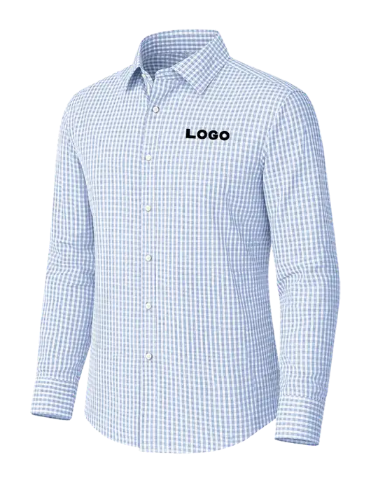 Brooks Brothers Tech Stretch Light Blue Fine Check Patterned Shirt w/Logo