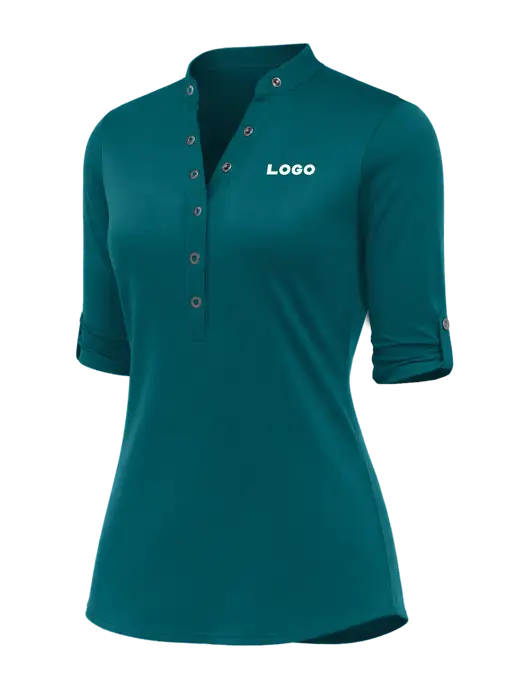 OGIO Womens Crush Henley Teal 3/4 Sleeve Shirt w/Logo