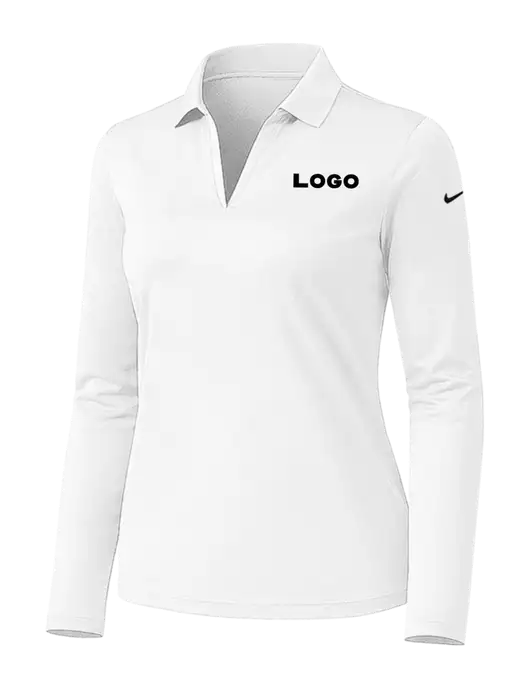 Nike Womens White Dri-FIT Micro Pique 2.0 Long Sleeve Polo w/Logo