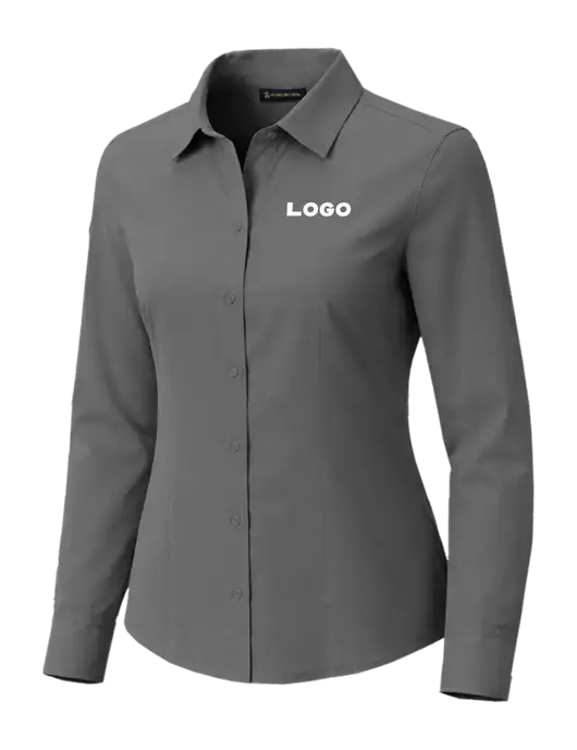 Brooks Brothers Womens Full-Button Dark Medium Grey Satin Blouse w/Logo