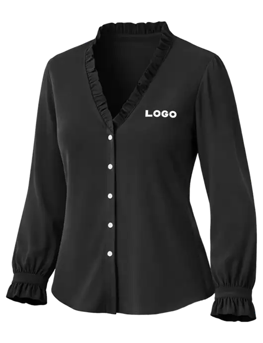 Brooks Brothers Womens Black Long Sleeve Ruffle Collar Blouse w/Logo
