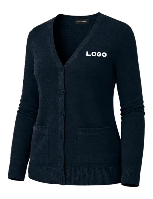 Womens Dark Navy Washable V-neck Cardigan Sweater w/Logo