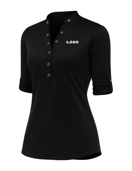 OGIO Womens Crush Henley Black 3/4 Sleeve Shirt w/Logo